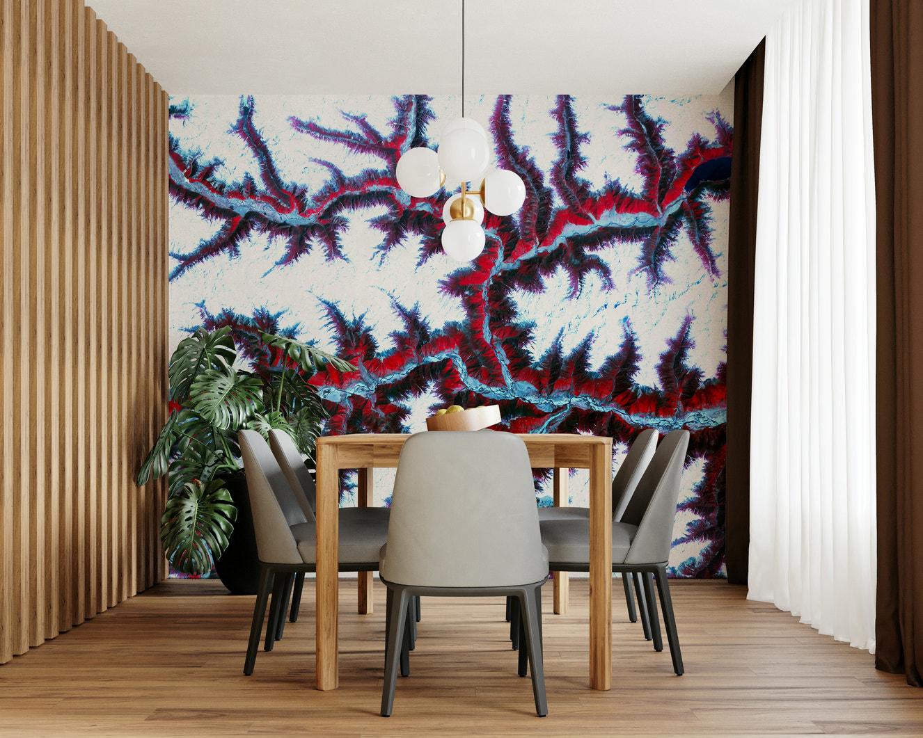 A wall mural of an abstract topographic pattern.

