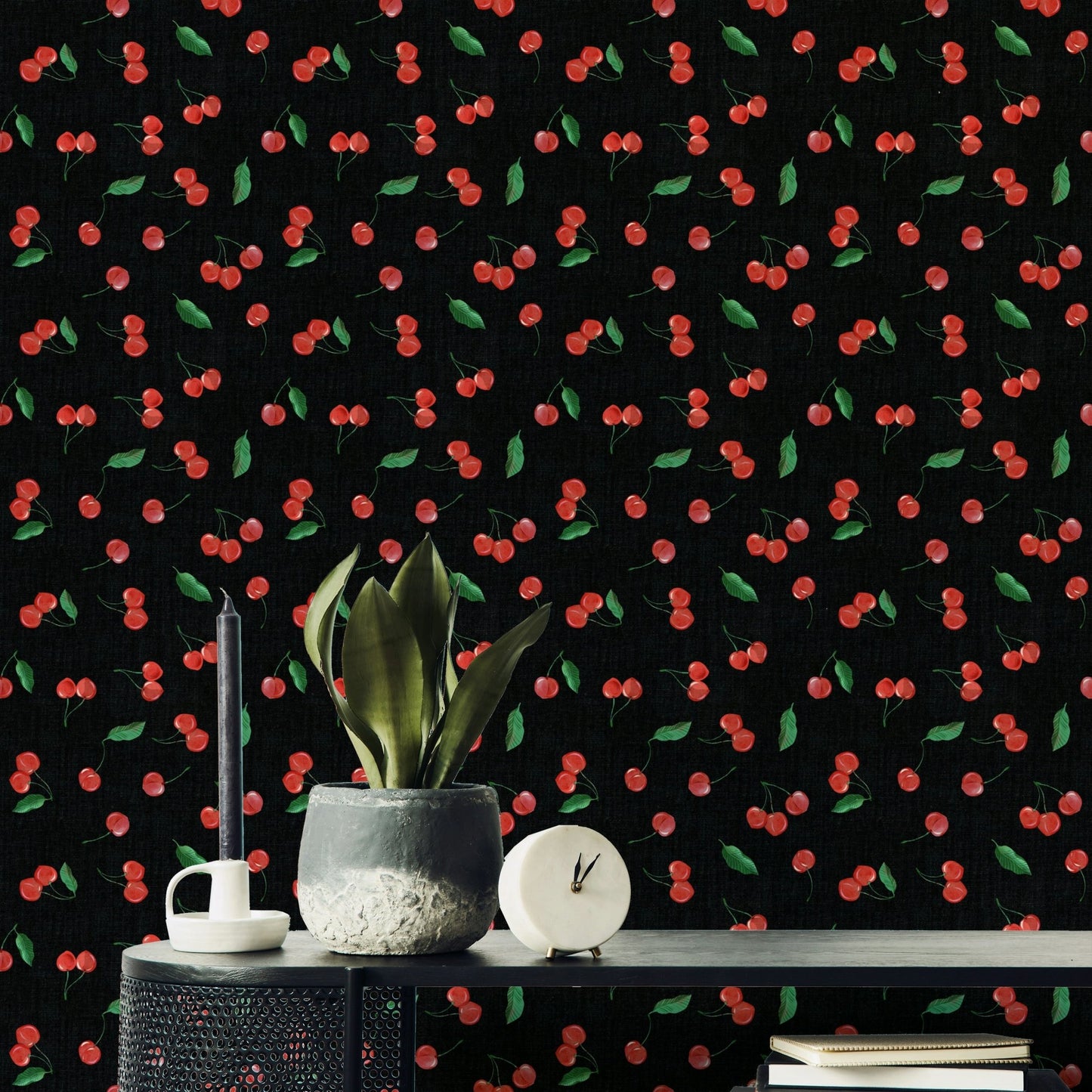 Toss Black Painterly Cherries wallpaper detail

