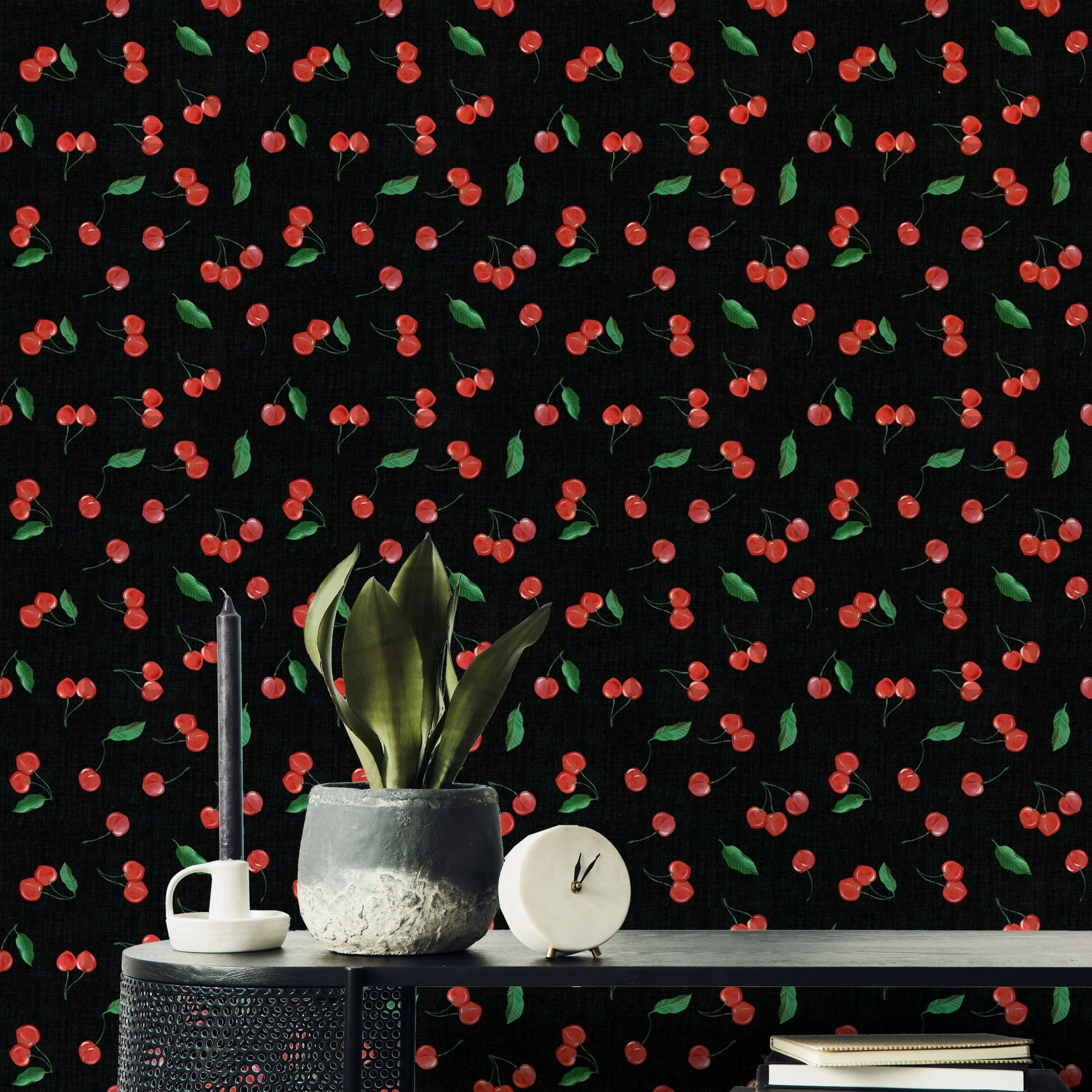 Toss Black Painterly Cherries wallpaper detail


