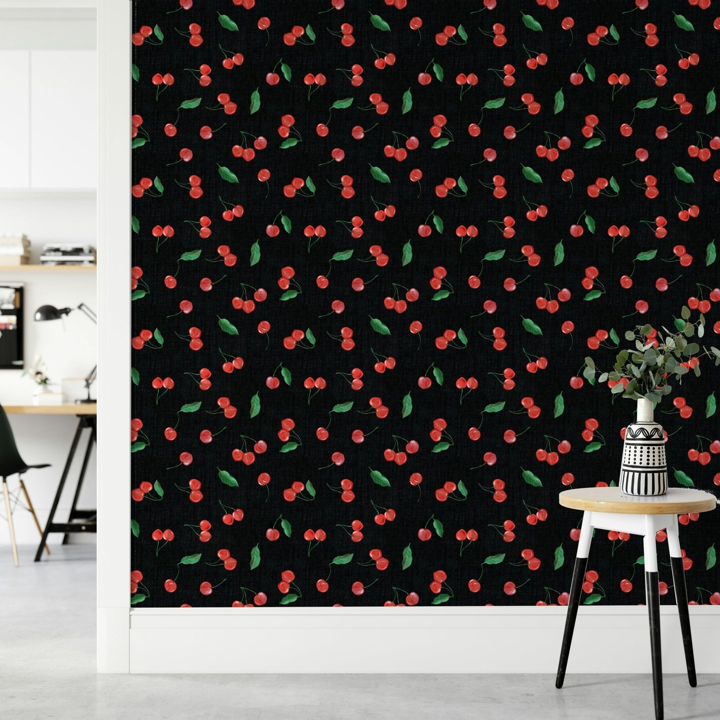 Eclectic wallpaper with painterly cherries

