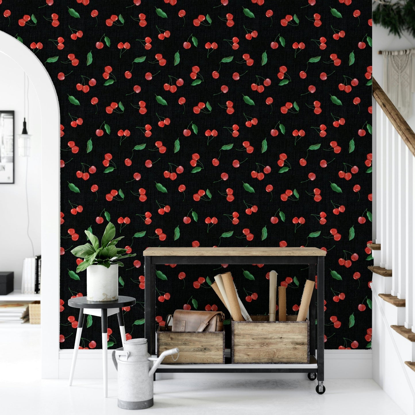 Bold red cherry wallpaper on black background


