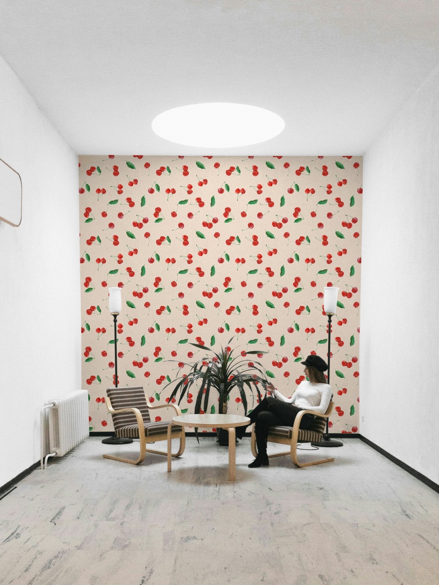 Hand-painted scattered cherry wallpaper pattern


