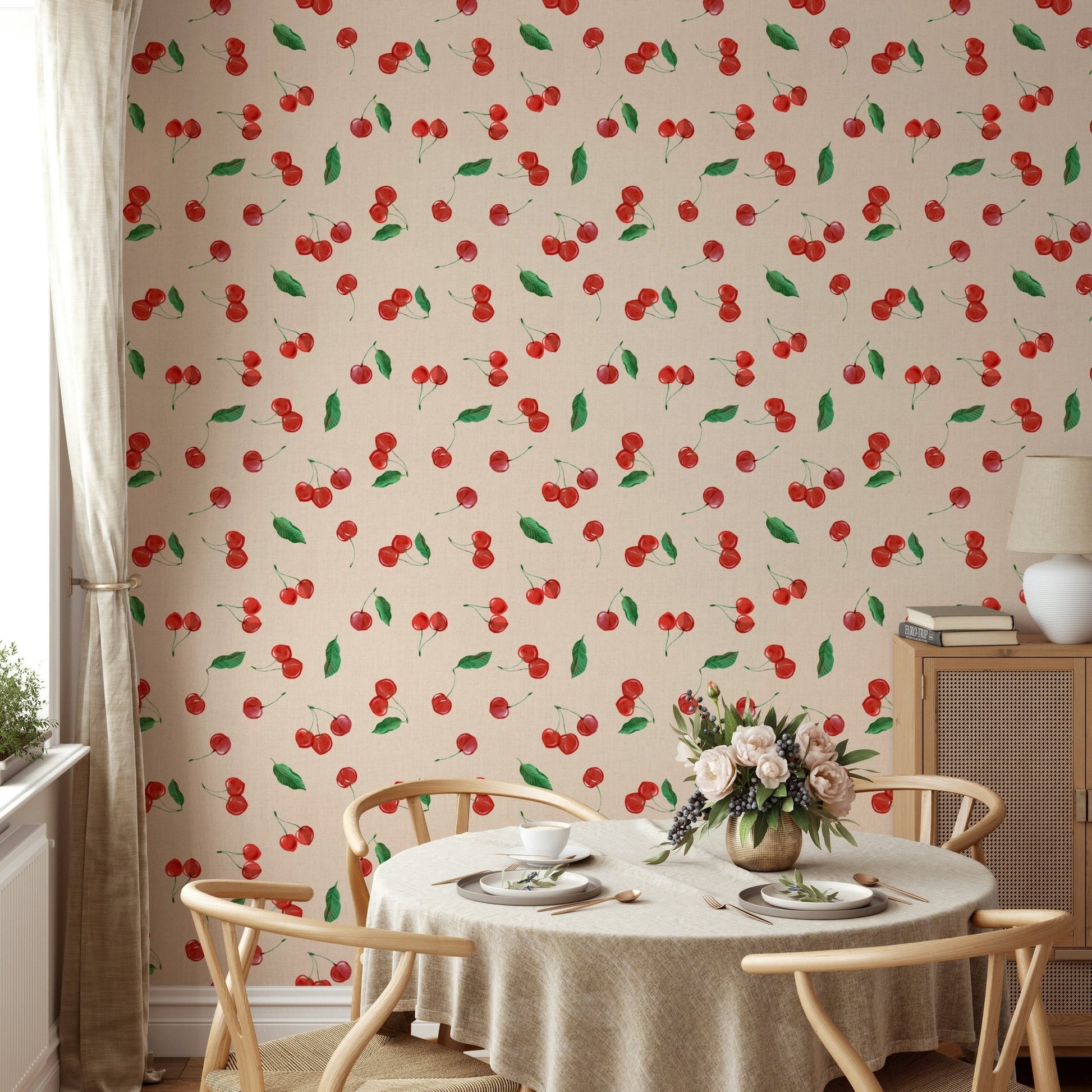 Cottage style wallpaper with cherry motifs

