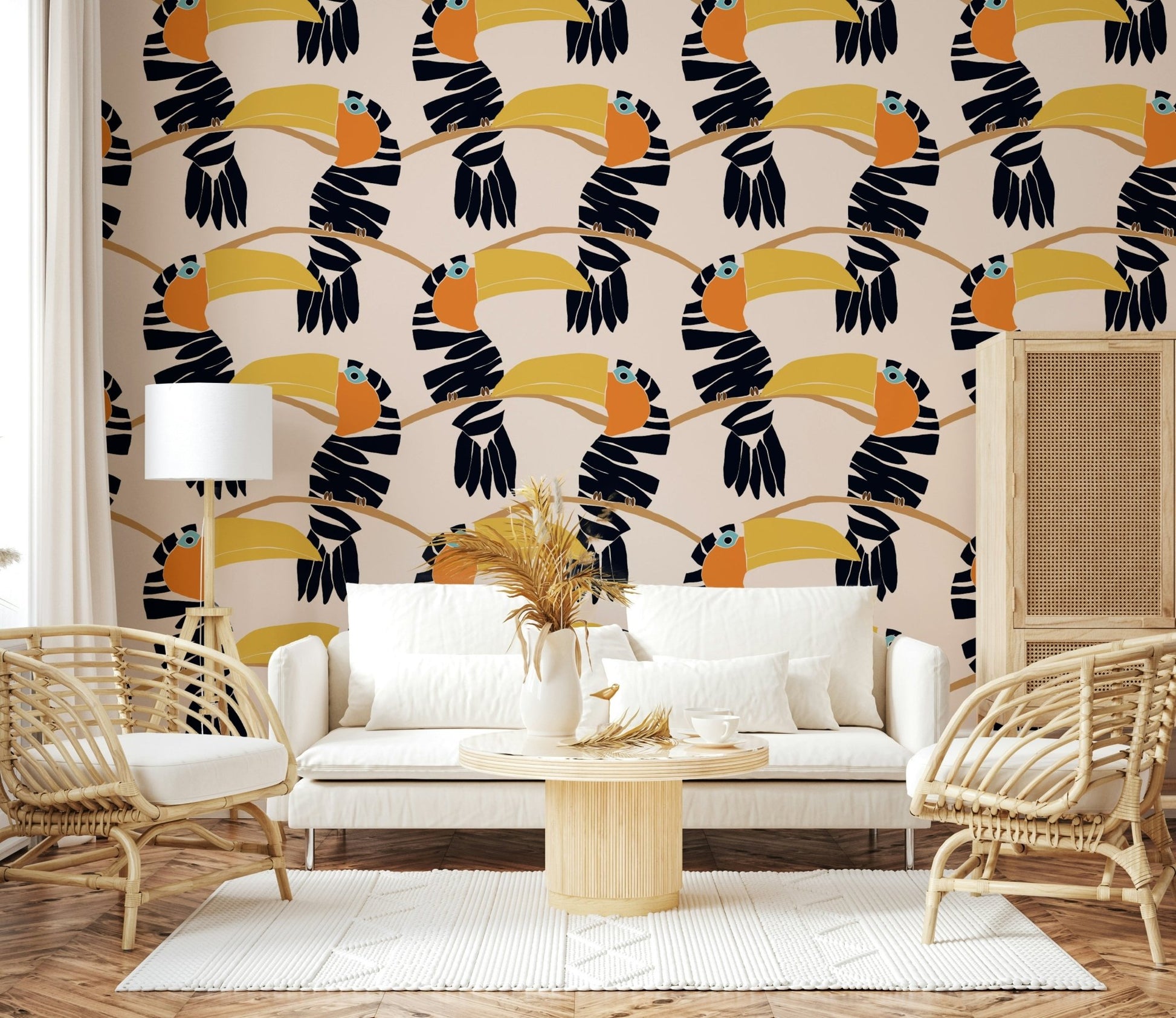 Colourful toucan bird wallpaper mural for a nursery or kids room wall.