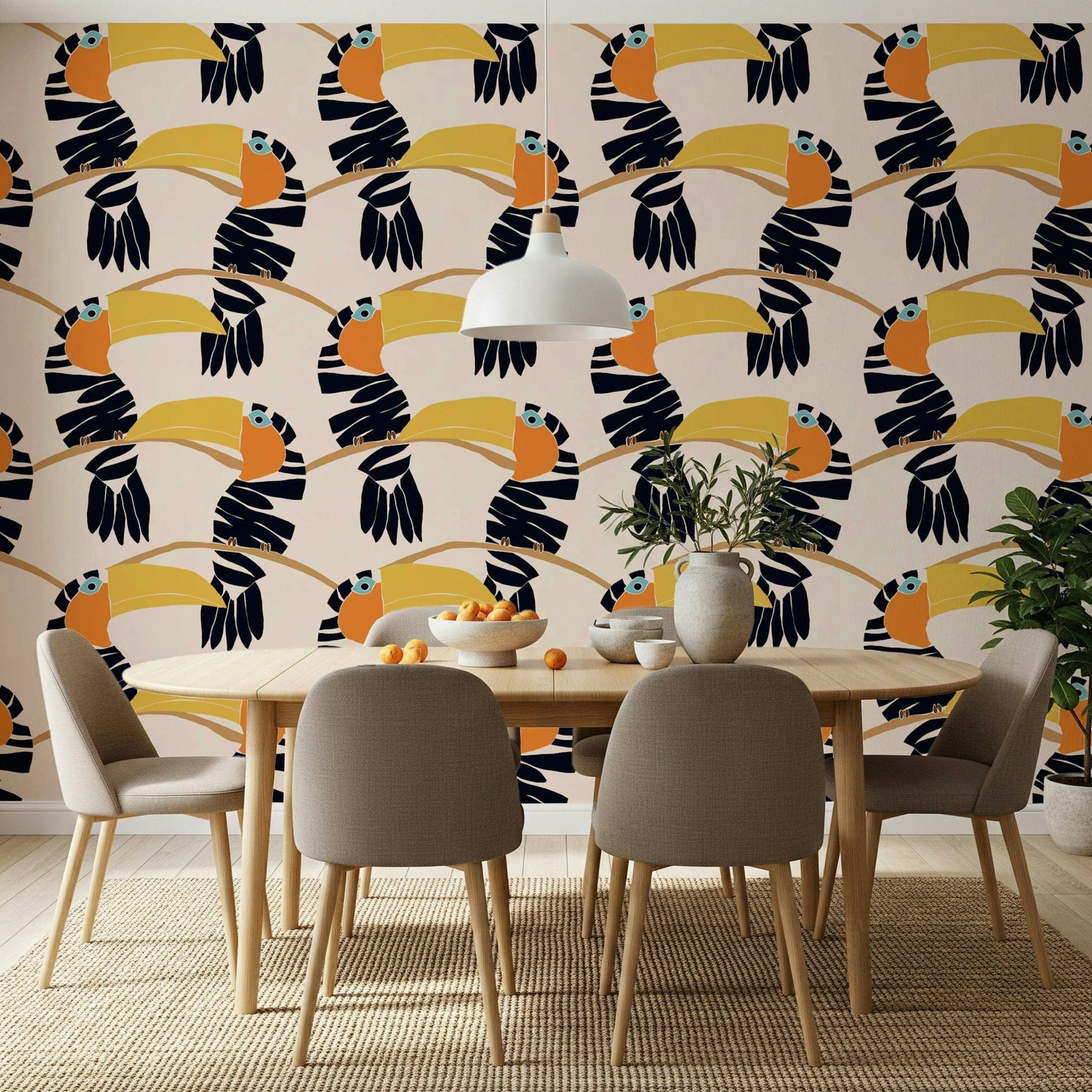 Exotic bird pattern wallpaper mural for a modern bedroom feature wall.