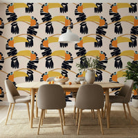 Exotic bird pattern wallpaper mural for a modern bedroom feature wall.