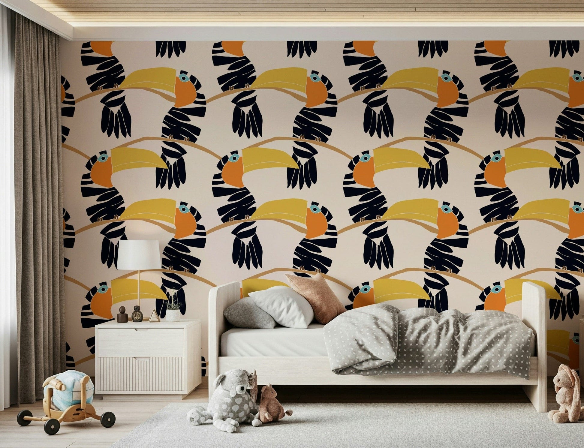 Vibrant toucan illustration wallpaper mural for a home office backdrop.