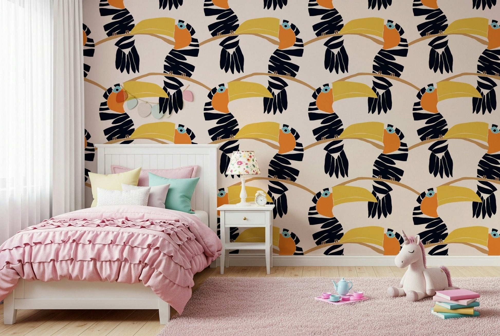Nature inspired toucan wallpaper mural for a flat hallway accent wall.