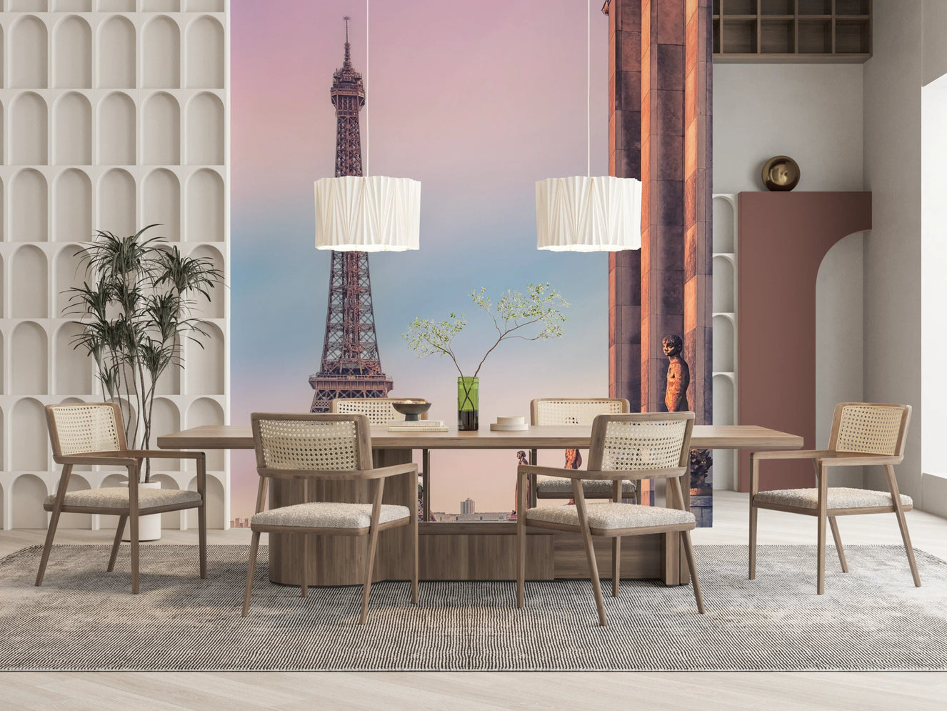 Tour Eiffel Sunset Wall Mural in a modern living room setting wallpaper