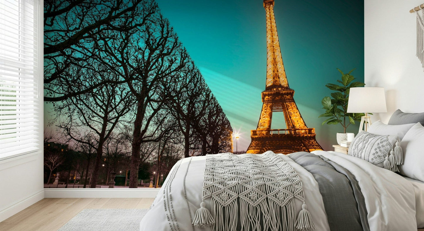 Vibrant Parisian view Towards Twinkling Tower Wall Mural, striking accent.