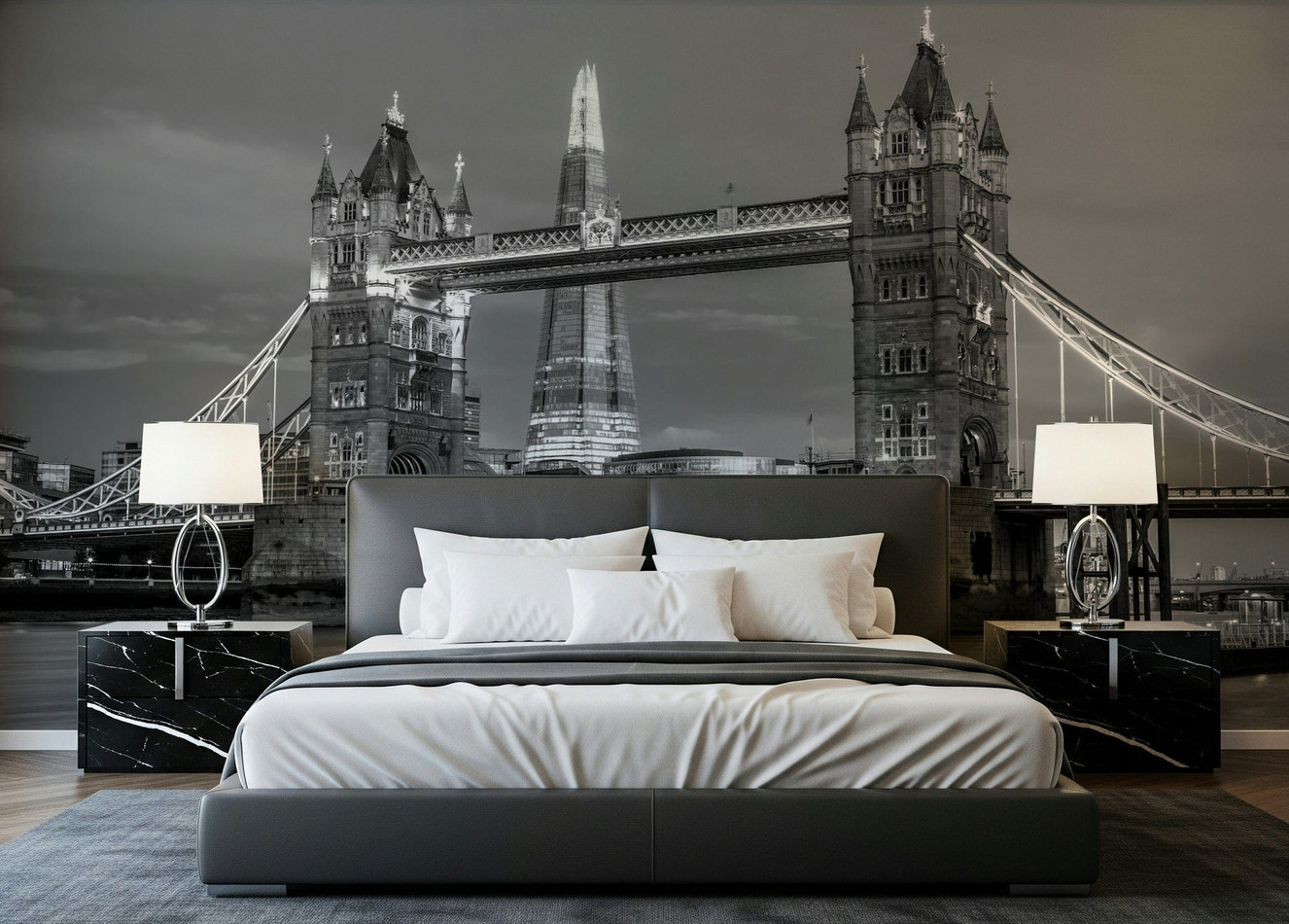 Monochrome style wall mural for a modern study or quiet library.