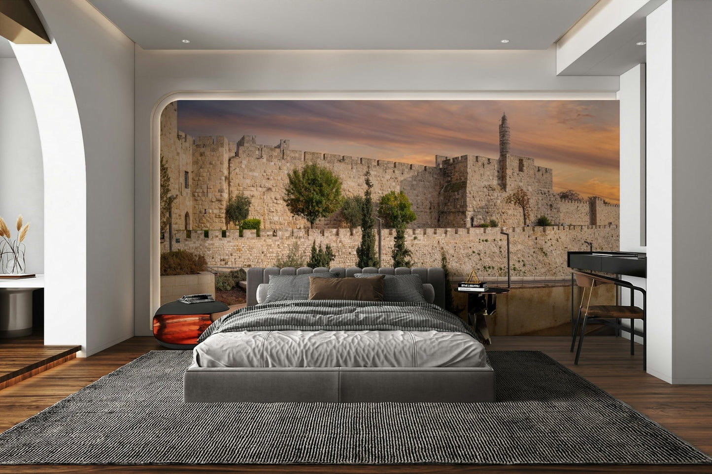 There is a prominent, round tower in the background.

