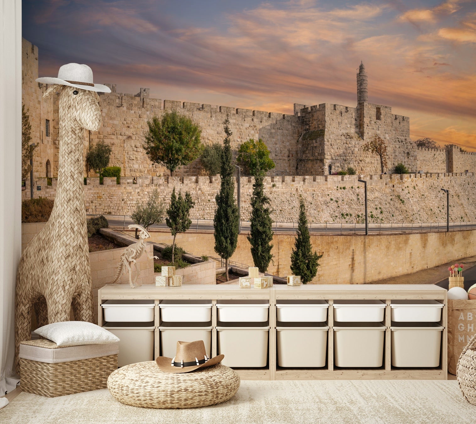 The sky is a warm mix of orange, pink, and gray at sunset.

