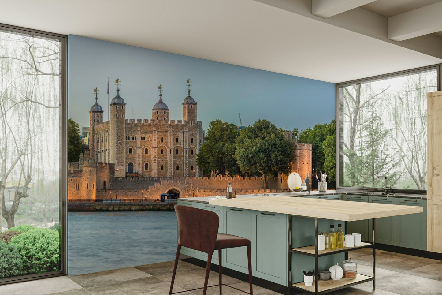An artistic Tower Bridge mural on minimalist wallpaper.

