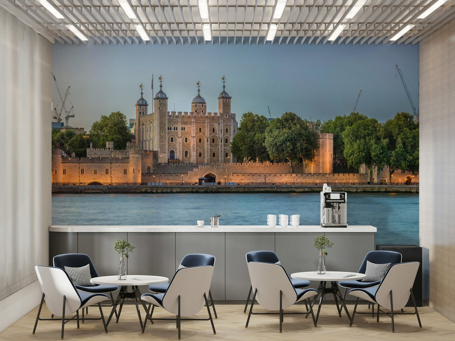 A graceful historic castle wall mural in rich, deep tones.

