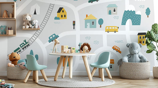 Playful town map wall mural wallpaper for kids' rooms., B326