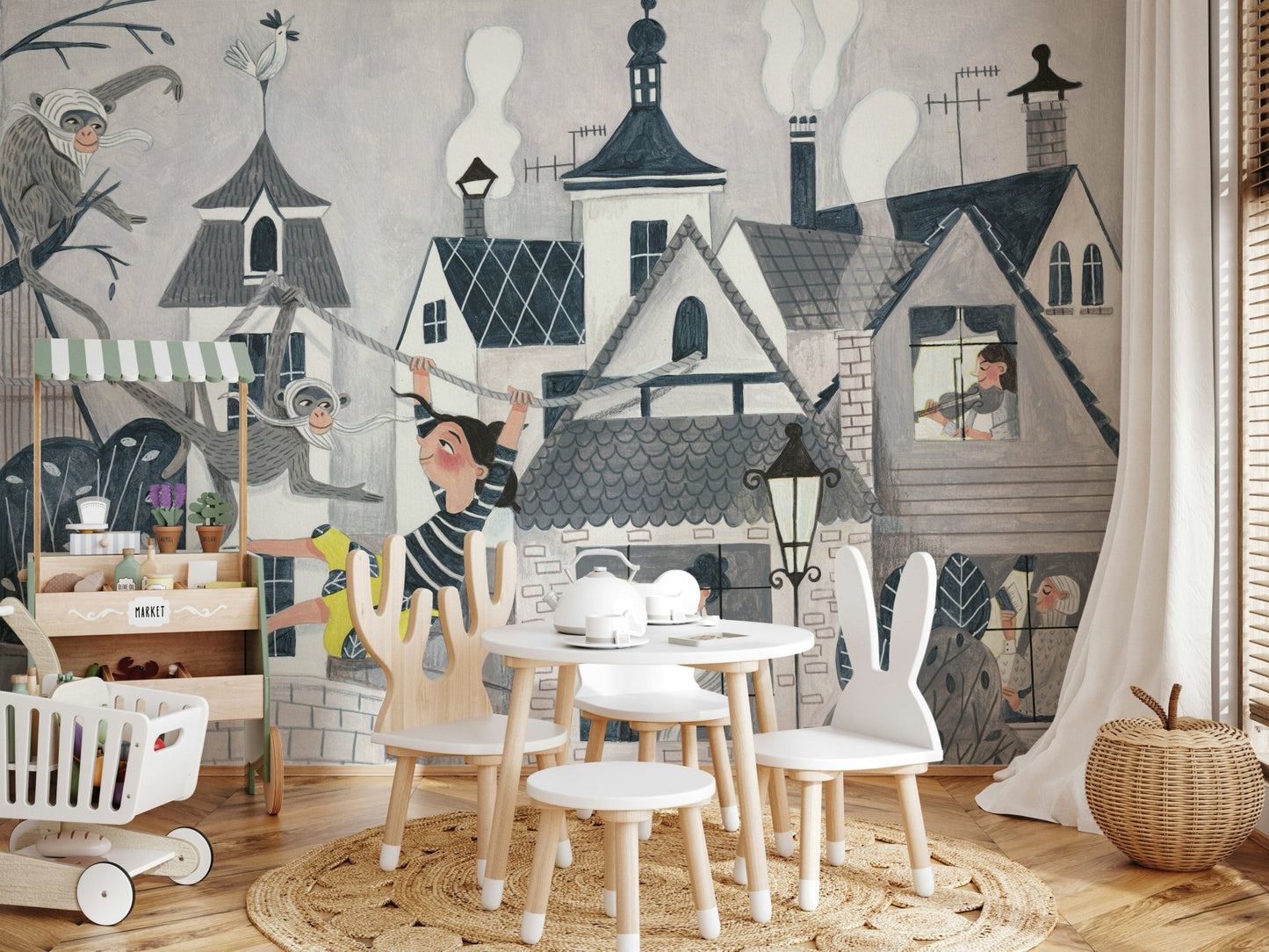 A peaceful modern abstract mural on decorative wallpaper.