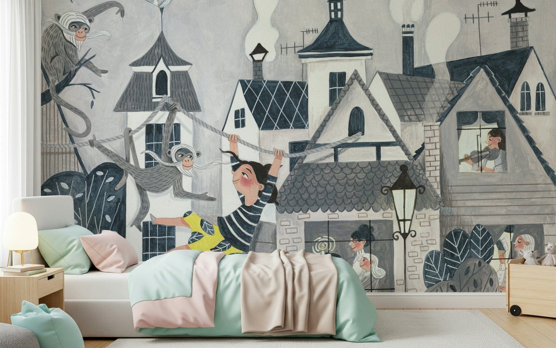 A graceful subtle pattern wall mural in cool, natural tones.