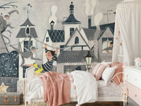 A serene playful urban wall mural for a children's room or bold decor.