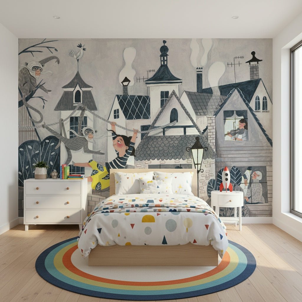 An artistic abstract cityscape mural on minimalist wallpaper.