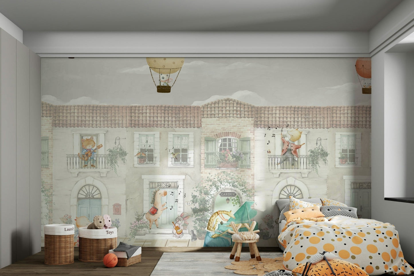 The background is a peaceful town with small, charming houses.

