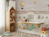 A whimsical town scene with musical animals.

