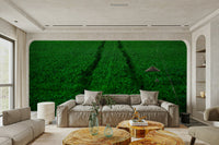 A peaceful stadium scene mural on decorative wallpaper.

