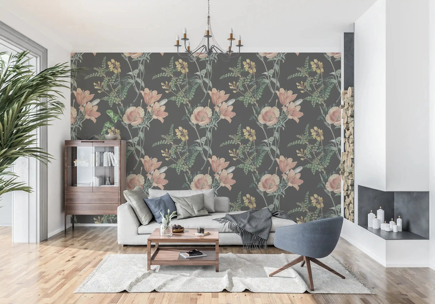 Traditional Botanical wallpaper featuring peach flowers and green leaves