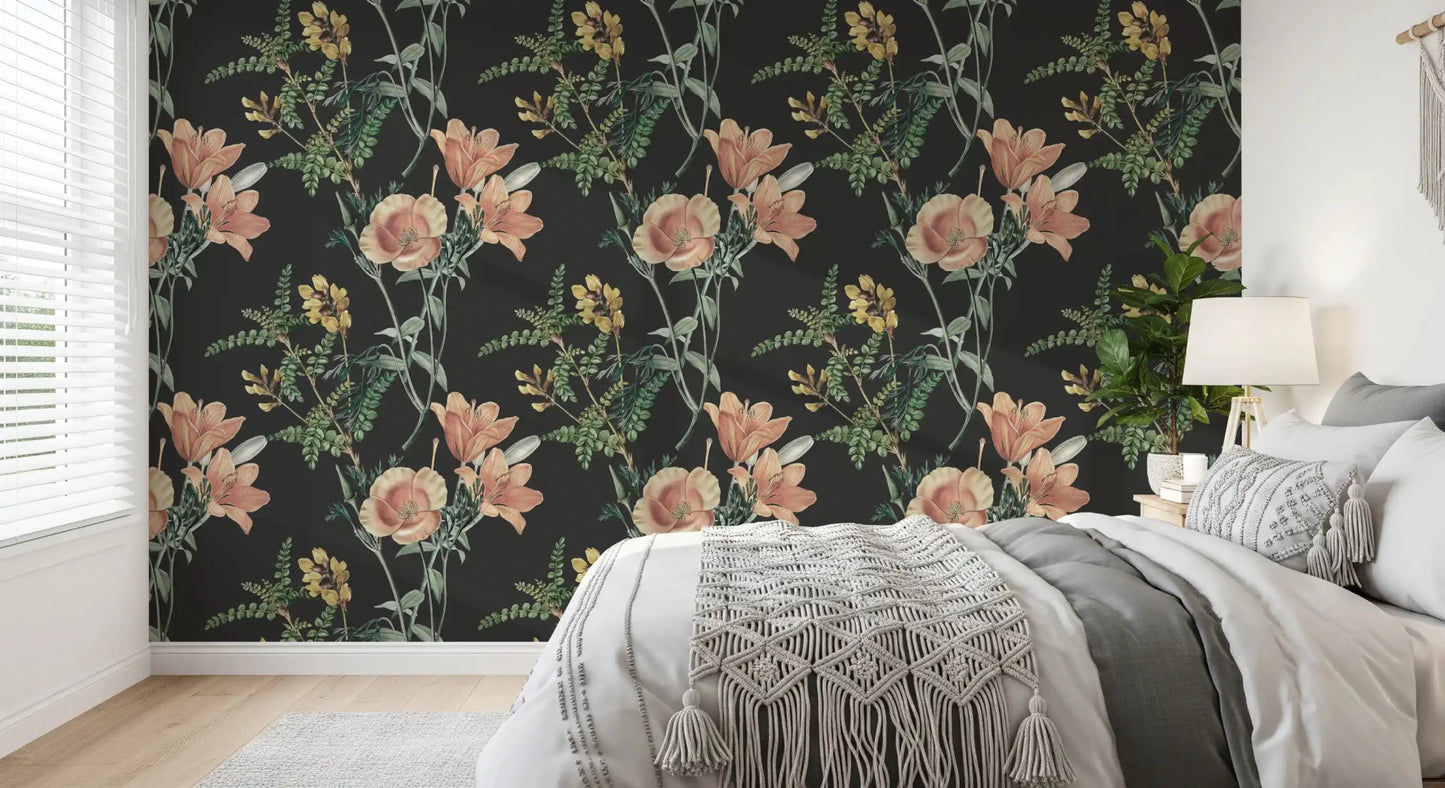 Bedroom wall with Traditional Botanical wallpaper showing vintage flower art