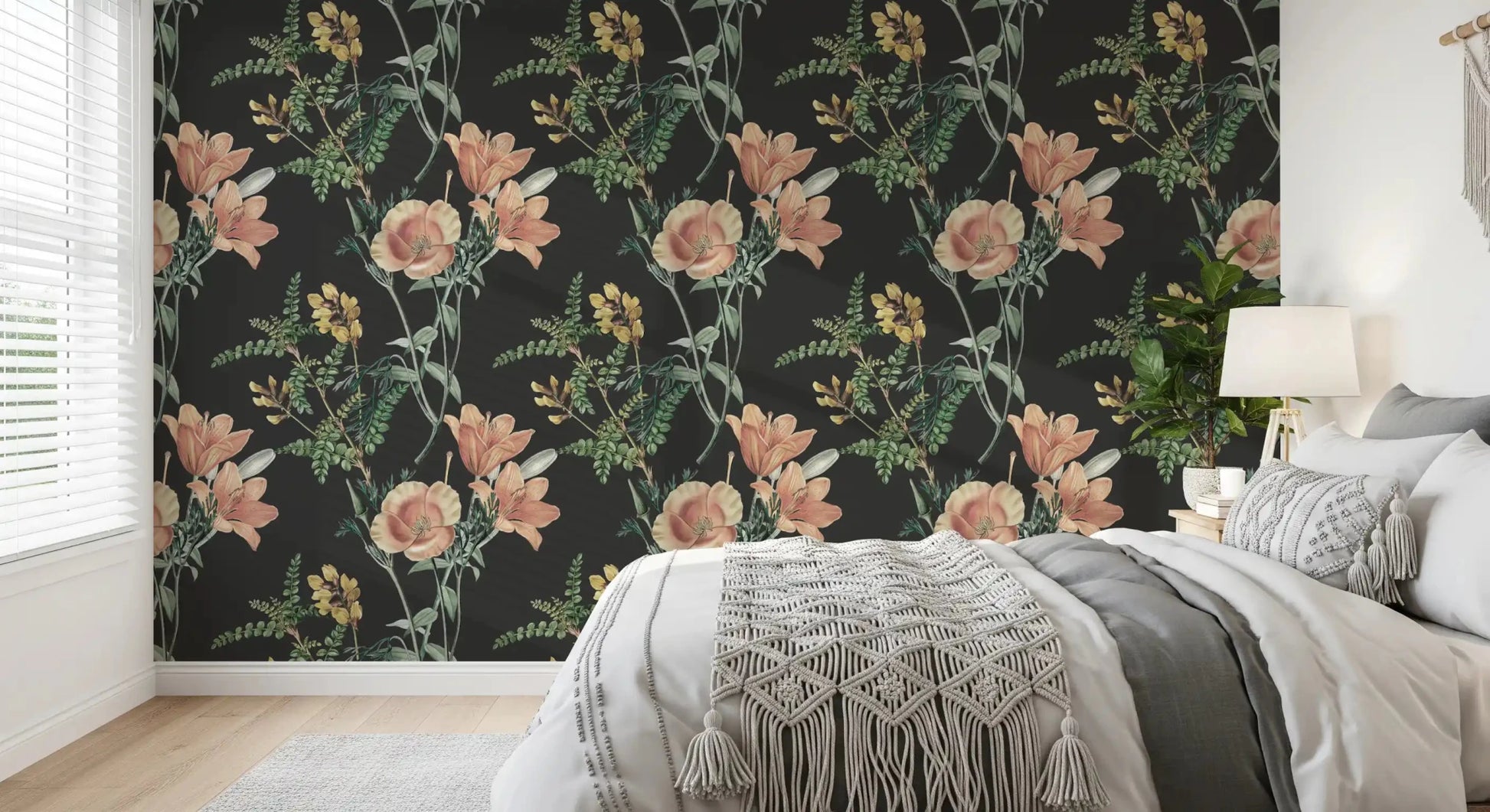 Bedroom wall with Traditional Botanical wallpaper showing vintage flower art