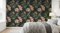 Bedroom wall with Traditional Botanical wallpaper showing vintage flower art
