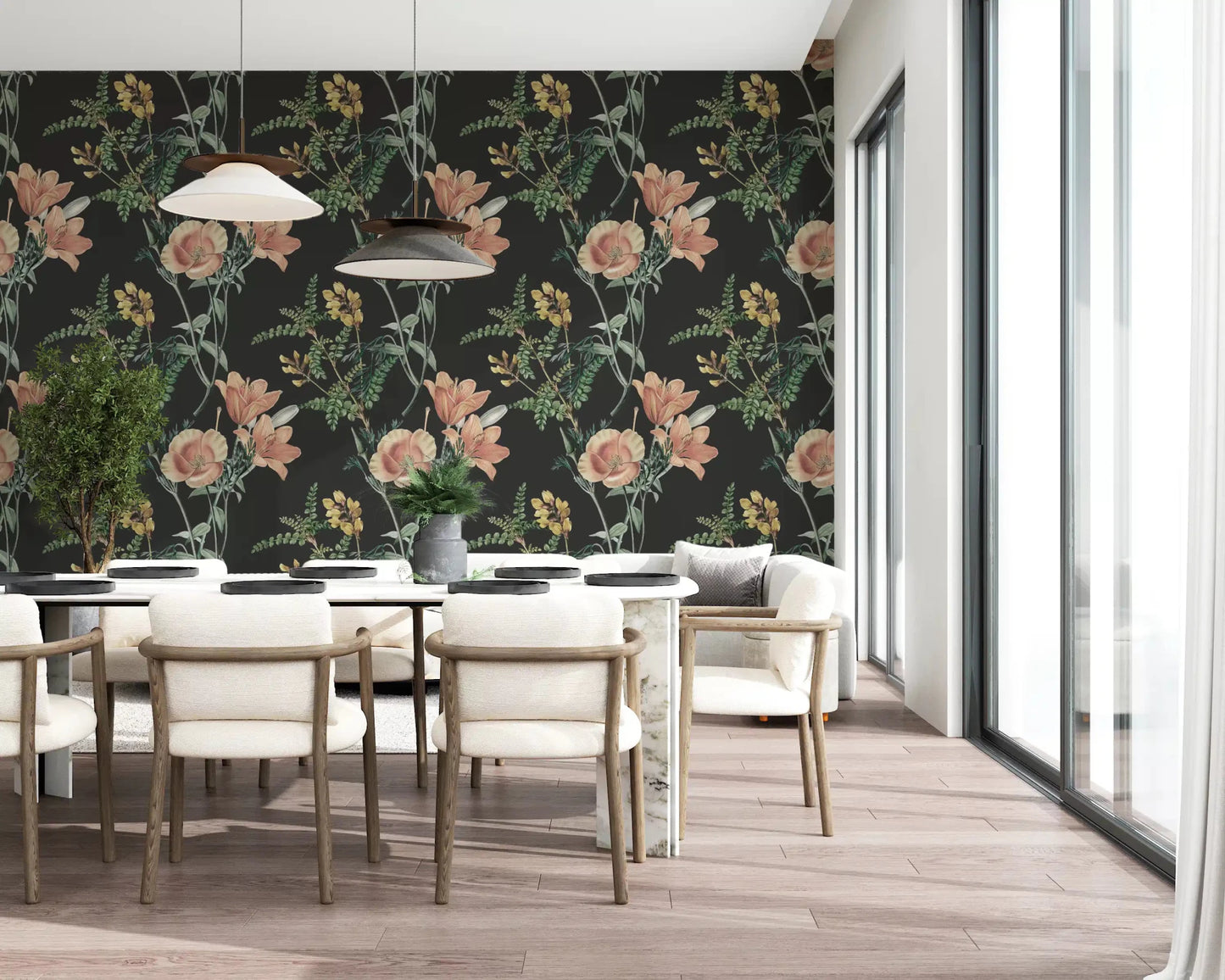 Dark floral wallpaper with Traditional Botanical detailed plant elements