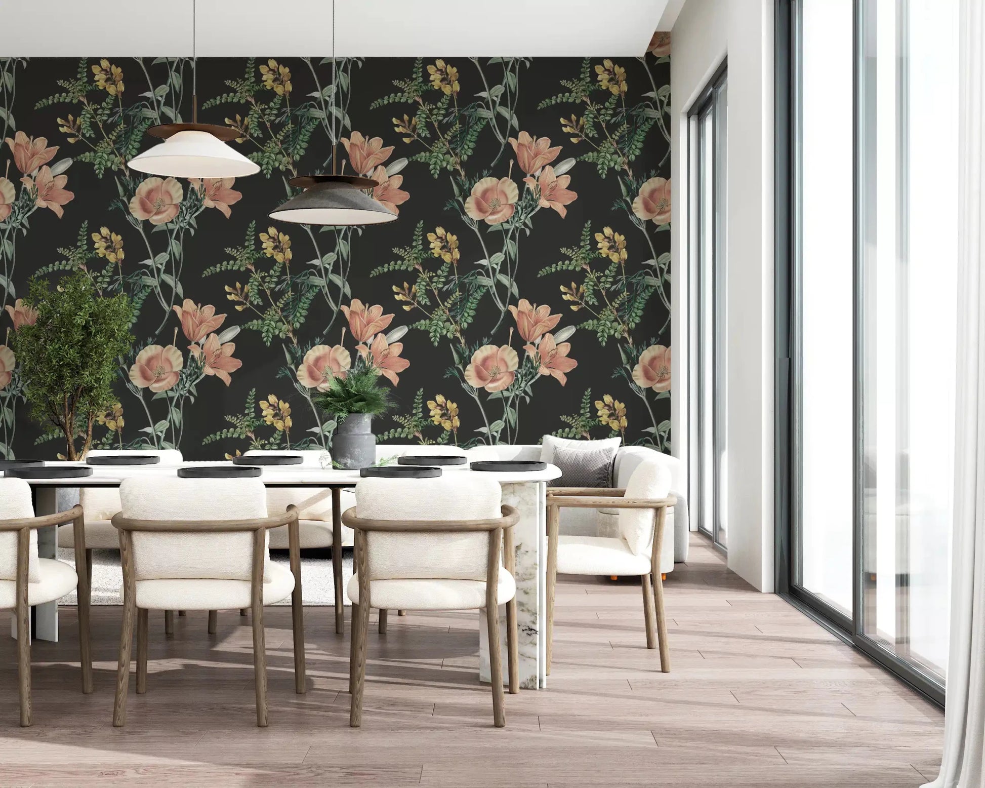 Dark floral wallpaper with Traditional Botanical detailed plant elements