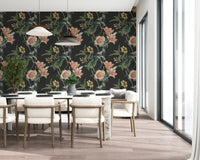Dark floral wallpaper with Traditional Botanical detailed plant elements