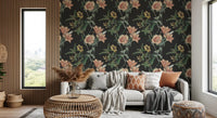 Traditional Botanical wallpaper with dark background and detailed flowers