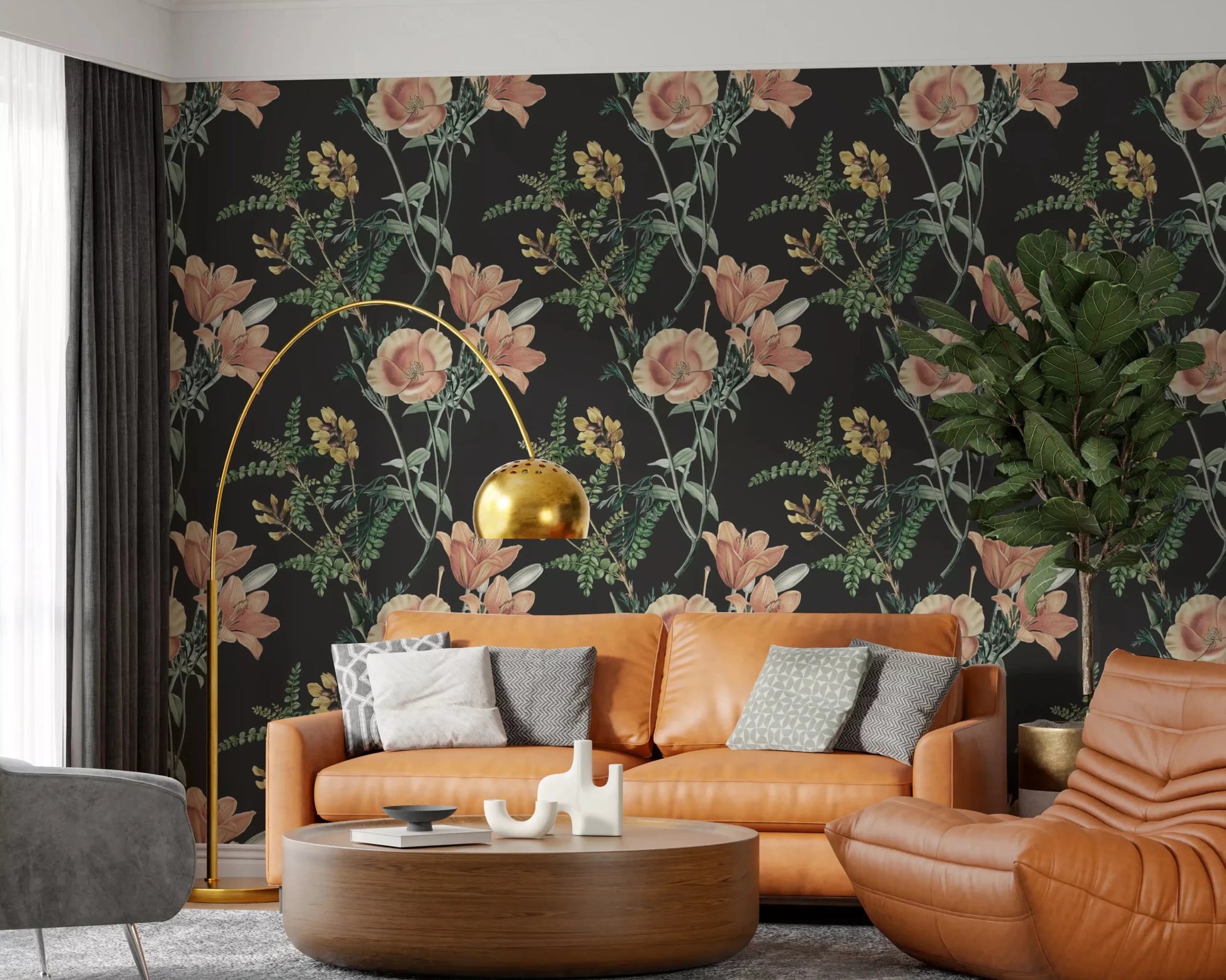 Living room styled with Traditional Botanical wallpaper on dark floral base