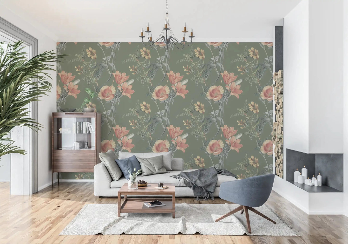 Soft botanical sketching across Olive Tree Wallpaper with blooms