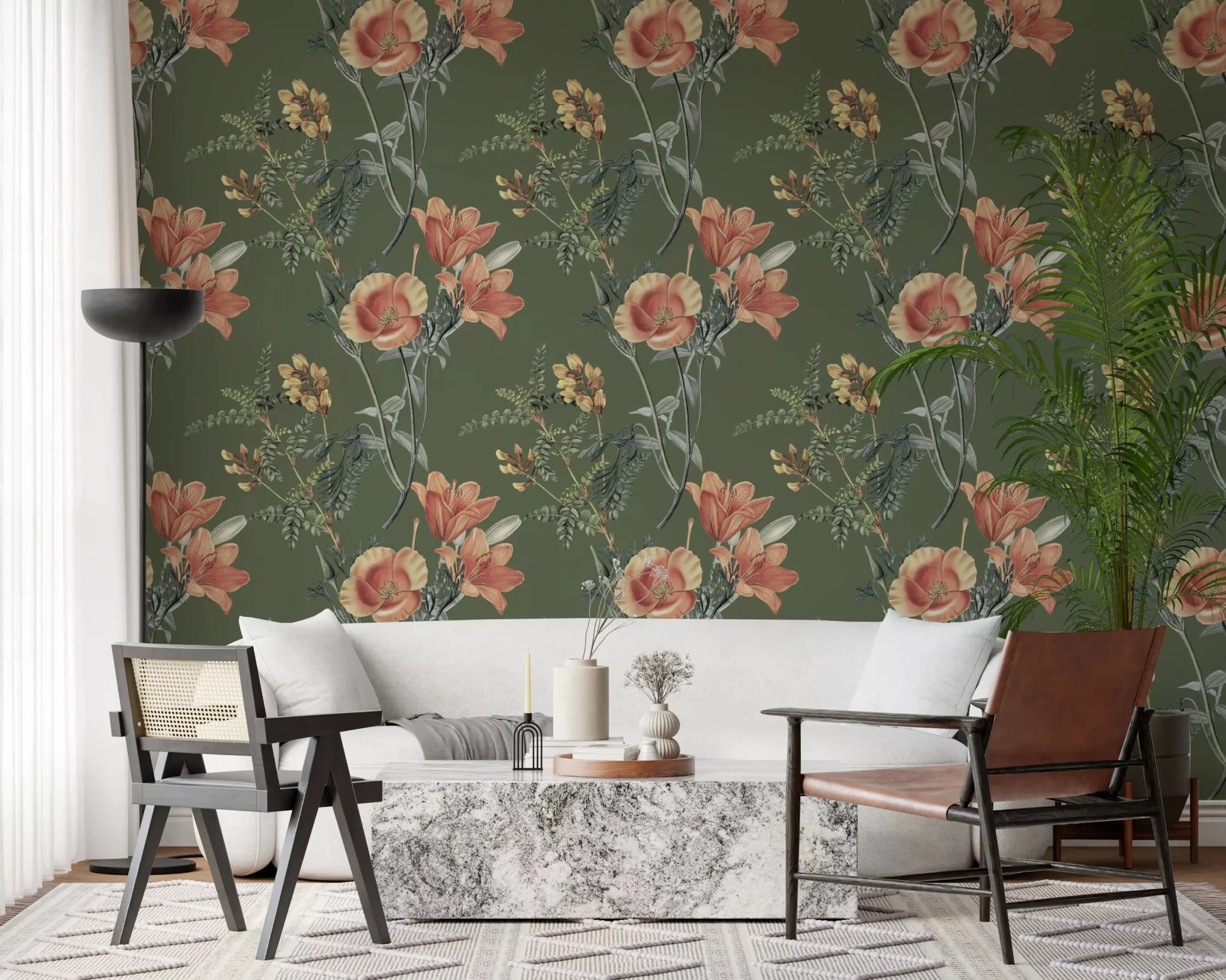 Olive base and soft petals in Traditional Flowers Wallpaper