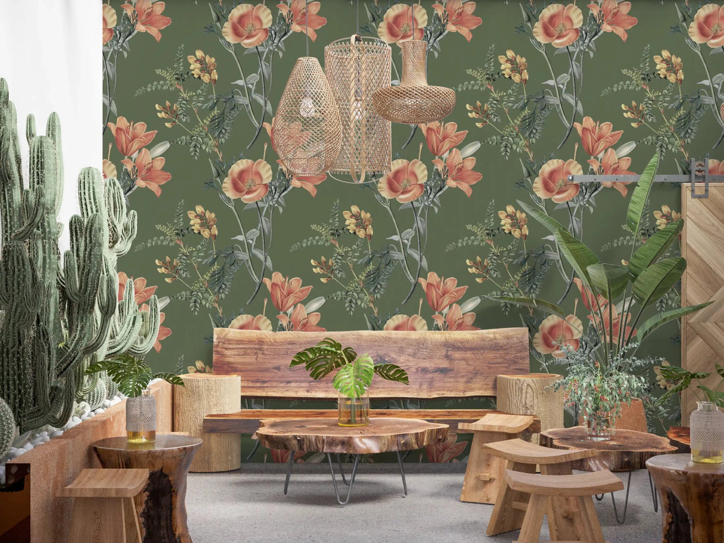 Vintage floral branches on Olive Tree Wallpaper in muted tones