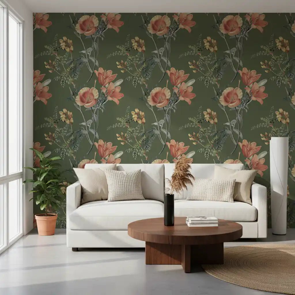 Office corner with Traditional Flowers in Olive Tree Wallpaper