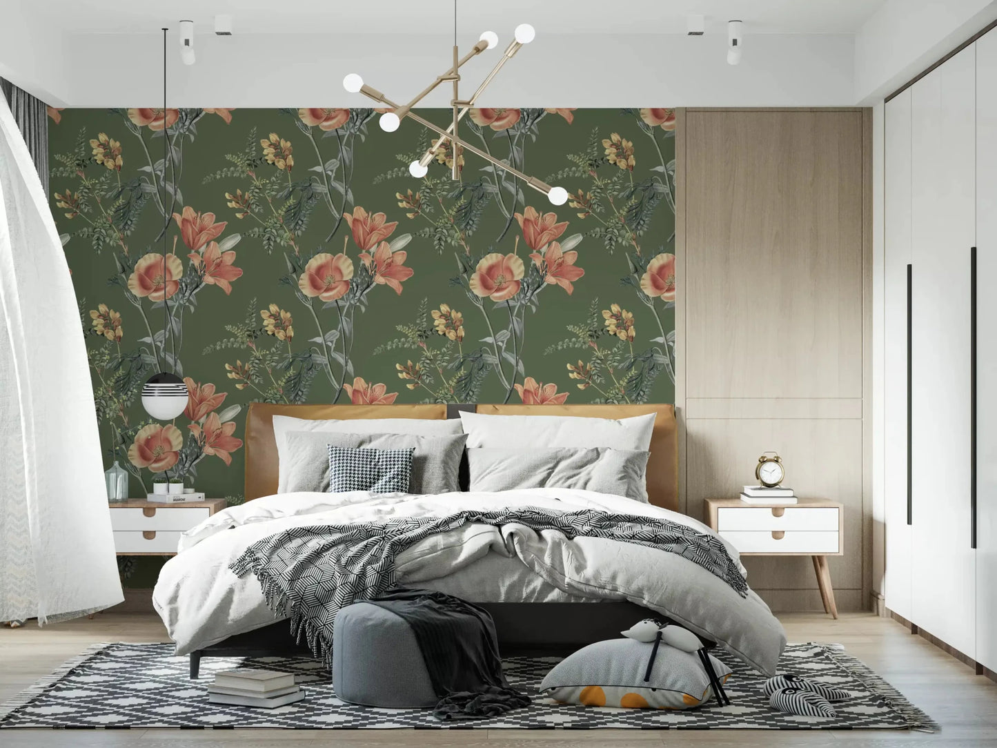 Bedroom wall in olive tones with Traditional Flowers Wallpaper