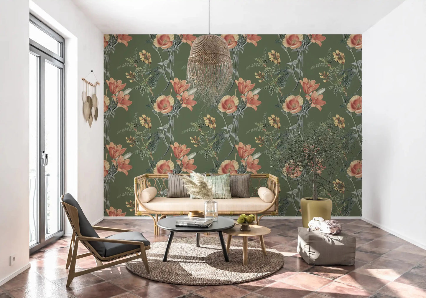 Earthy floral pattern in Traditional Flowers olive Wallpaper