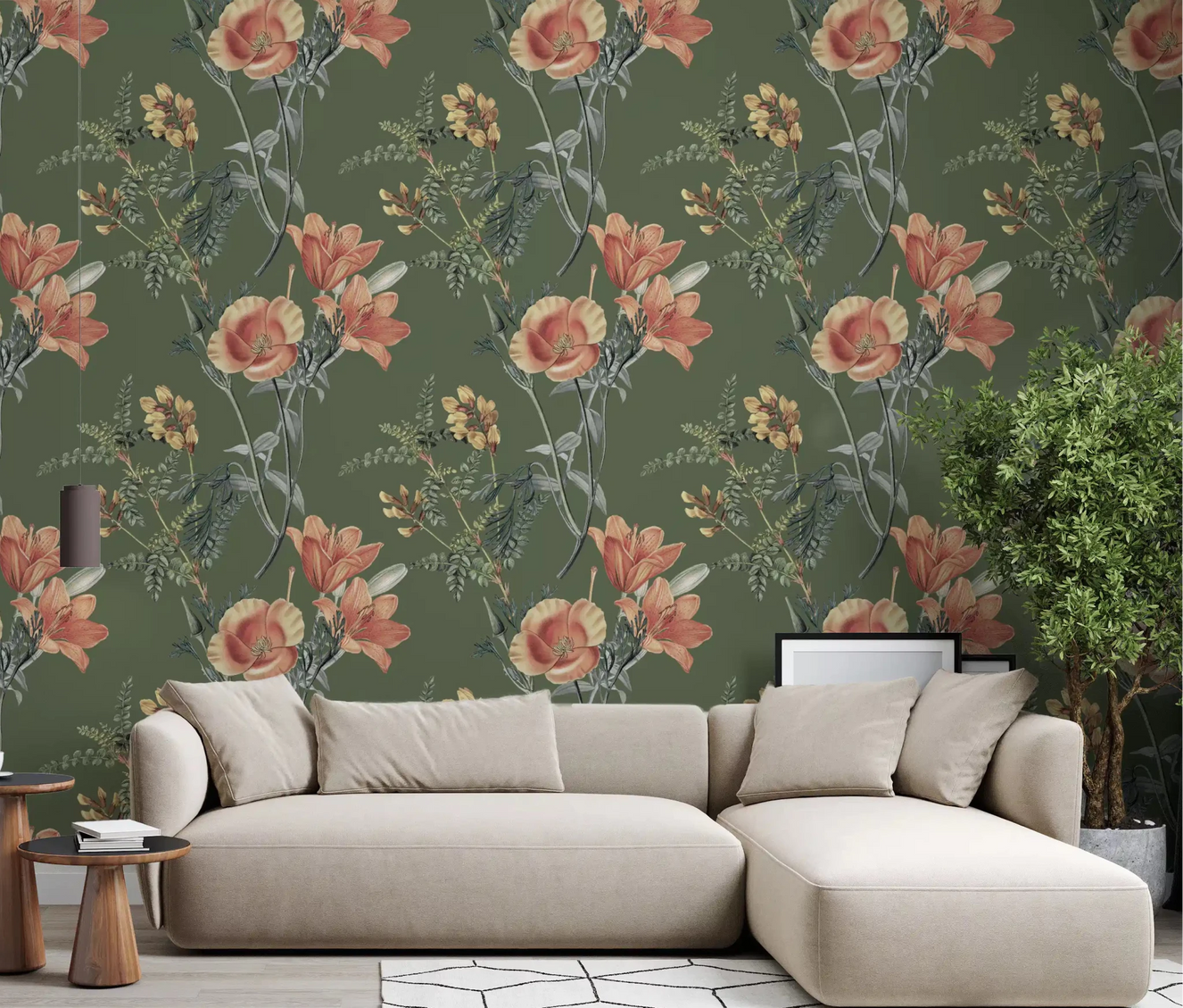 Hallway featuring Olive Tree Wallpaper and soft traditional blooms