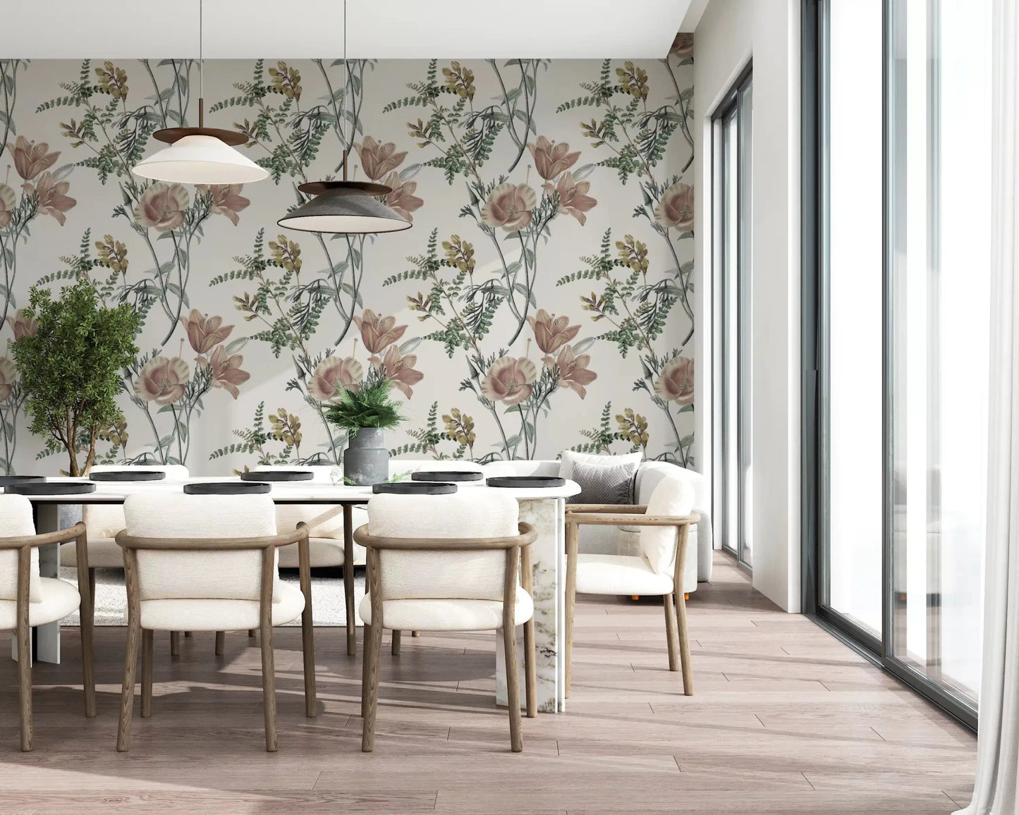 Dining corner set with Garden Bloom Wallpaper in muted botanical tones