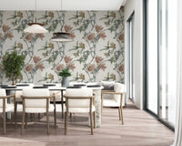 Dining corner set with Garden Bloom Wallpaper in muted botanical tones