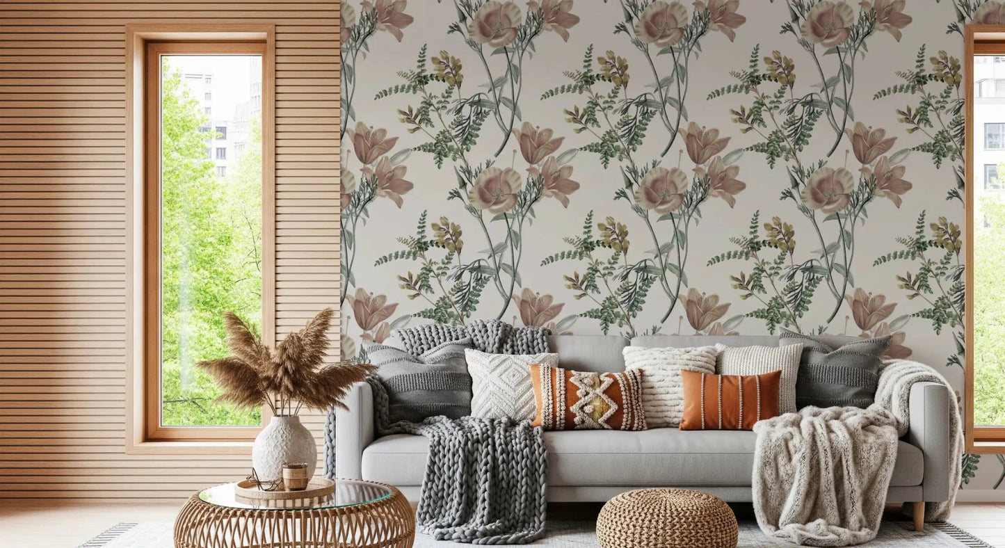 Soft green branches across Garden Bloom Wallpaper with peach flowers