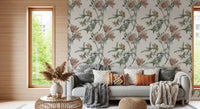 Soft green branches across Garden Bloom Wallpaper with peach flowers