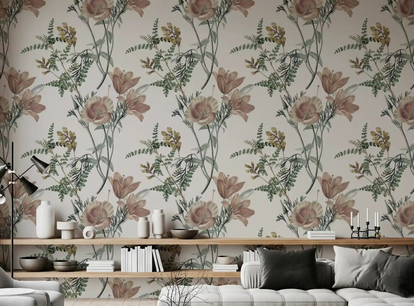 Living room with Traditional Garden Bloom Wallpaper and soft floral detail