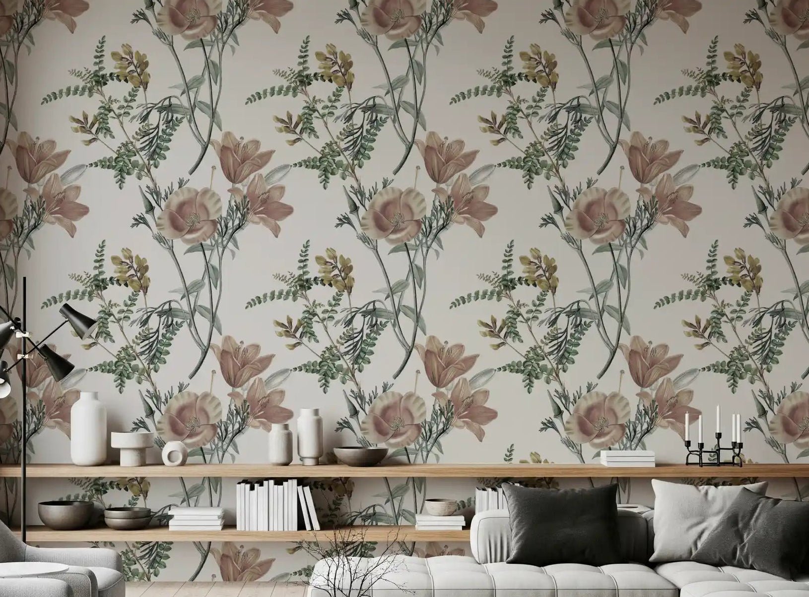 Living room with Traditional Garden Bloom Wallpaper and soft floral detail, GD9348