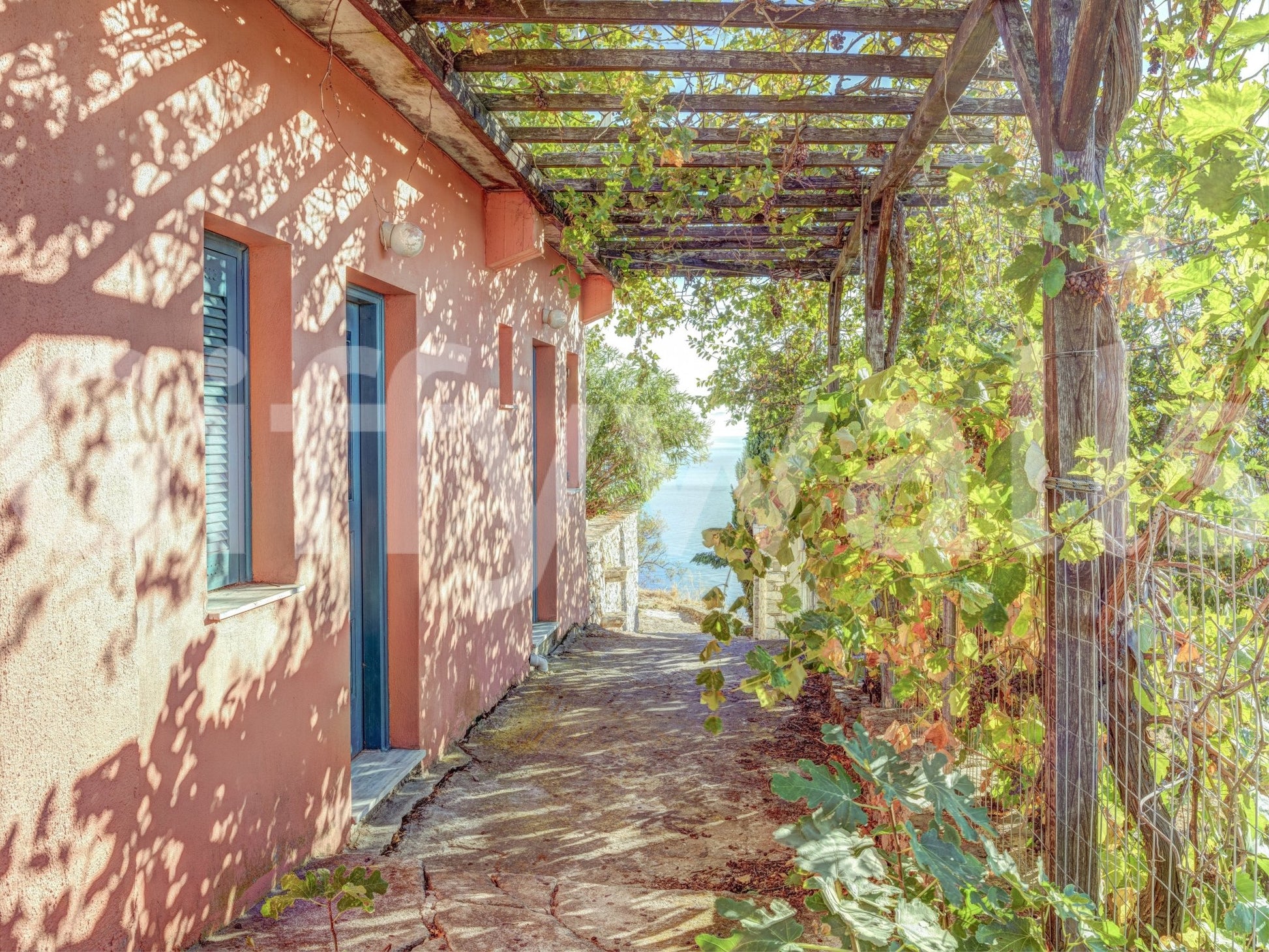 Sunny pathway leading Traditional House in Alonissos Wall Mural